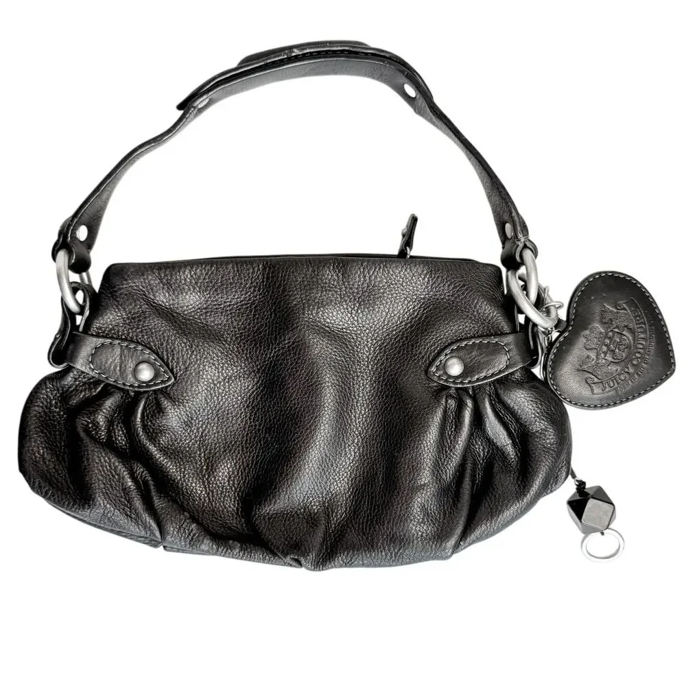 Vintage Y2K Juicy Couture USA Made Black Leather baguette Hobo Bag Heart Charm